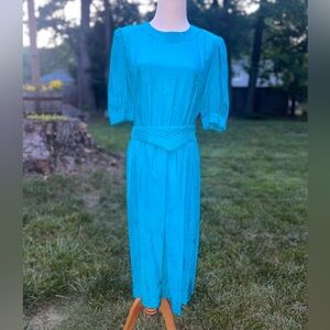 Vintage 80's Silk Maggie London Dress shoulder Pad Teal Blue retro elastic waist